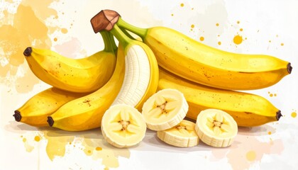 Watercolor painting of fresh bananas, whole and sliced, resting on a white surface with splatters.