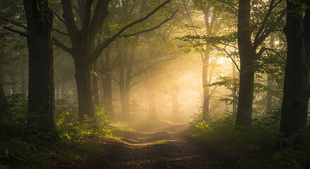 Obraz premium Sunlit Forest Path: A Misty Morning Scene