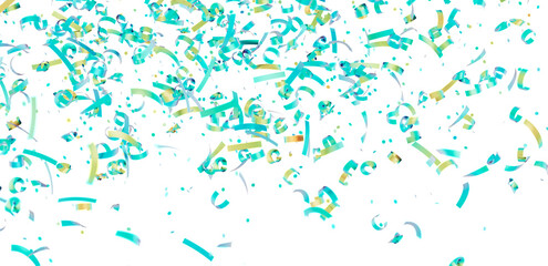 Image of teal and gold confetti falling on a white background. Perfect for celebrations, party invitations, and festive designs.