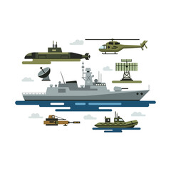 Fototapeta premium military assets illustration frigate submarine helicopter radar and patrol boat demonstrating naval power for defense industry materials