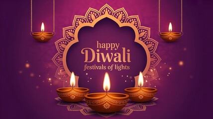 Happy diwali festival of lights with ornate diyas and decorative elements on a vibrant purple background