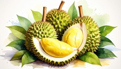 A still life watercolor painting captures durian fruits arranged with leaves on a light background.