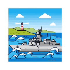 Naklejka premium naval warship navigating ocean waves near a coastal lighthouse under a blue sky conveying maritime defense perfect for military history illustrations