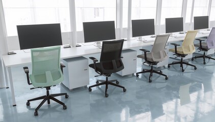 Office desks with pastel chairs and computer monitors in modern workspace