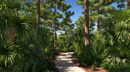 The path of digital art passes through very tall, overgrown palm trees with long leaves, lush greenery, low-angle perspectives, and white sand roads in the foreground.