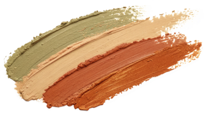 Creamy foundation and concealer strokes in green beige and brown on transparent background for beauty and cosmetics packaging and swatches and for packaging and label design and for product marketing.