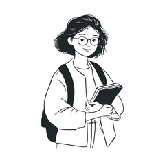 Asian female teen with glasses and backpack holding books illustration