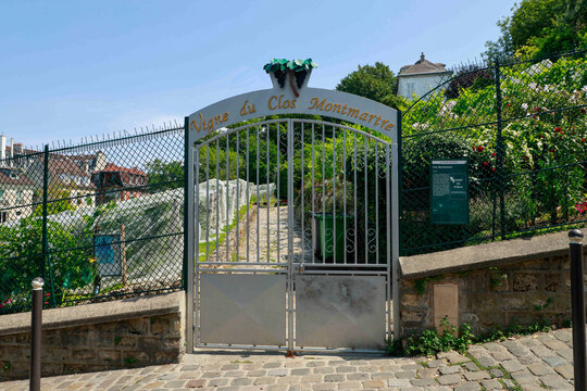 PARIS, FRANCE - AUGUST 08, 2025: Entrance gate to the Vigne du Clos vineyard located in Montmartre, Paris. entrance and the vineyard in the background