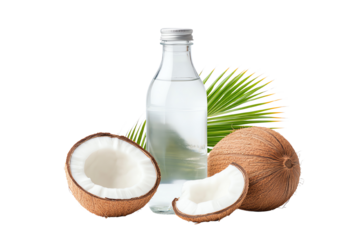 Coconut water bottle with whole and sliced coconuts on a white background, fresh and healthy hydration.