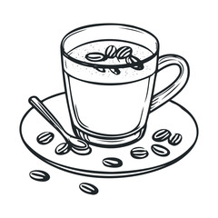 Hand-drawn coffee cup with saucer and coffee beans illustration