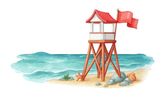 Lifeguard tower red flag beach ocean watercolor summer sand shell starfish safety relaxing scene with gentle waves and lifeguard station on sandy shore
