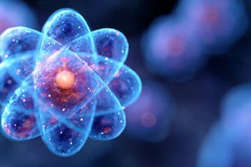 A blue and red cell with a yellow nucleus