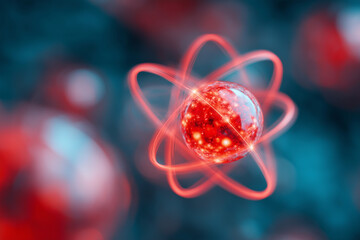 A red ball with a glowing center surrounded by a blue background