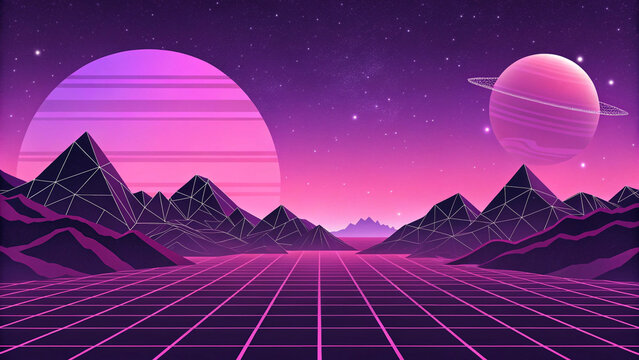 Retro synthwave landscape with neon grid and planets in purple sky