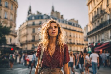 Fototapeta premium Person Emotionless. Young French Woman Walking in Parisian Streets