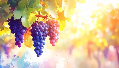 Sunlit grapes hanging from vine convey a sense of abundance and natural sweetness harvest season