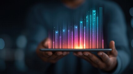 A person holds a smartphone displaying colorful data visualizations. The scene emphasizes technology and data analysis in a modern setting.