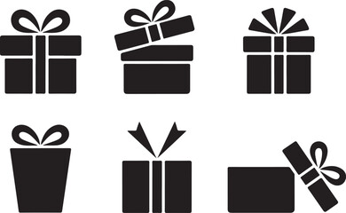 Collection of six gift box icons in silhouette style isolated on white background