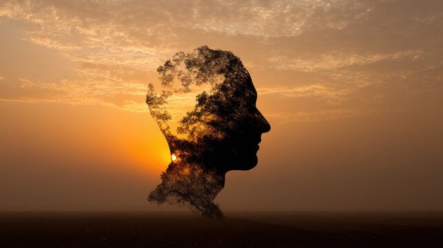 Philosophy Mindfulness. Silhouette of Man on Rural Landscape with Abstract Psychology Concept