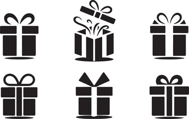Collection of six gift box icons in silhouette style isolated on white background