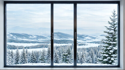 Window View of a Snowy Mountain Landscape