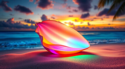A vibrant seashell on a sandy beach at sunset, with colorful reflections and a tropical vibe, creating a captivating and artistic scene of summer vacation paradise