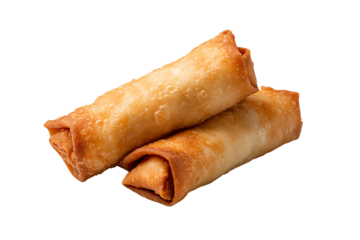 Crispy spring rolls stacked on a white background, perfect for appetizers or snacks.