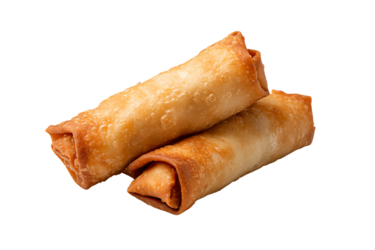 Crispy spring rolls stacked on a white background, perfect for appetizers or snacks.