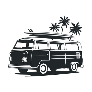 Retro surf van with surfboards and palm trees silhouette