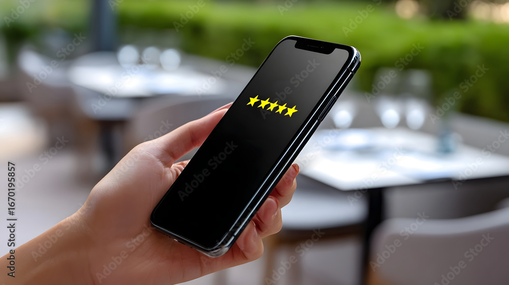 Poster smartphone displaying a five-star rating on the screen.