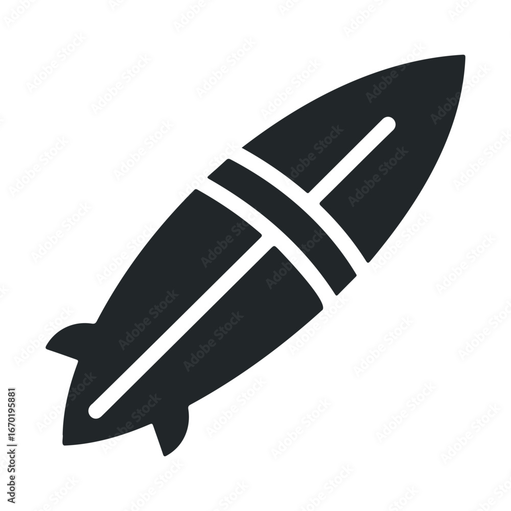 Poster black and white rocket icon with diagonal lines and circular details