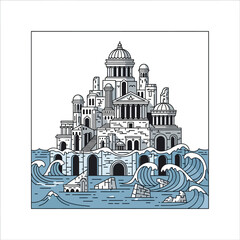 Naklejka premium sunken city ruins ancient architecture submerged by rising sea levels creating a dramatic seascape perfect for illustrating climate change awareness