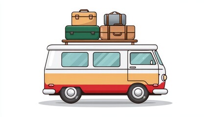 Retro camper van travel adventure luggage road trip cartoon colorful transportation holiday journey. cheerful retro camper van with suitcases roof perfect for fun road trip adventure and holiday