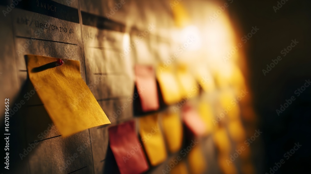Poster startup roadmap with sticky notes on wall