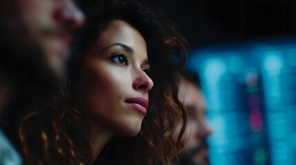 Focused woman analyzing real time market data on a computer screen