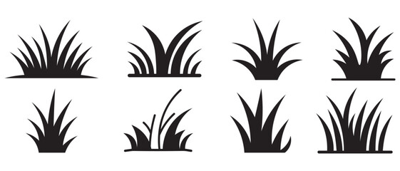 Set of grass silhouette icons with different styles. Black lawn grass icon vector design template. Landscape design and nature graphics. Vector illustration. 