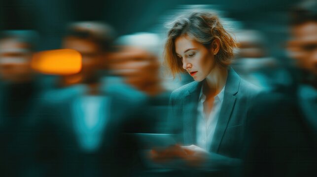 A young Caucasian woman with short, wavy hair looks at her phone. Blurred figures of diverse people move around her in a busy urban setting, creating a sense of motion.