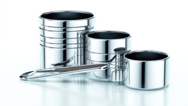 Stacked stainless steel measuring cups and a metal utensil