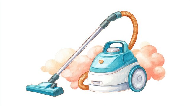 Vacuum cleaner cleaning appliance blue white orange hose household dust cartoon style cheerful isolated modern equipment home cleaning illustration domestic tool floor machine hygiene sanitation