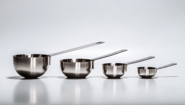 Four stainless steel measuring cups in varying sizes, arranged in a row against a plain white background