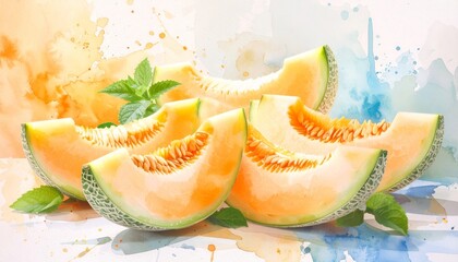 Watercolor rendering of cantaloupe slices arranged with mint leaves and colorful background washes.