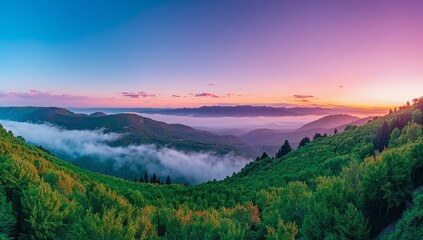 Fototapeta premium Peaceful nature scene of forest hills and mountain horizon at sunrise