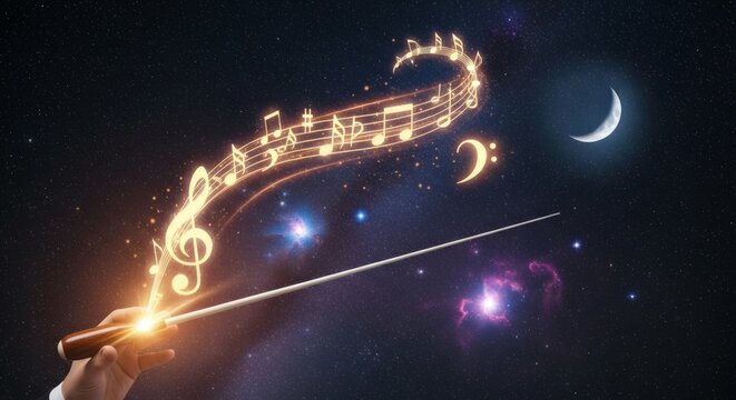 Magical cosmic celebration of International Music Day with glowing instruments in the night sky