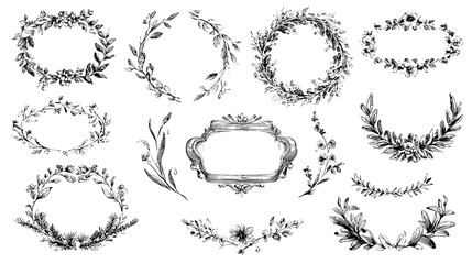Hand-drawn vintage floral frames and dividers for invitations, branding, and packaging. Concept:
Vintage floral design elements for elegant, handcrafted invitations, stationery, and packaging