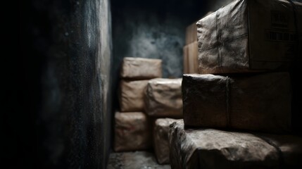 Forgotten parcels in a dimly lit storage room