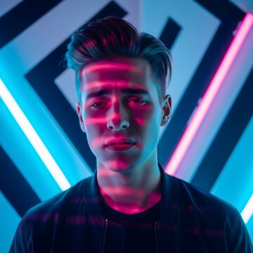 Young Man with Neon Light Shadows and Modern Geometric Background