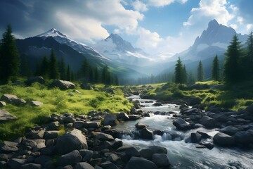 Obraz premium Magical Wilderness, Enchanted Forest and Mystical Nature Landscape, Surreal Scenic Environment, Dreamlike Fantasy World, 8K High-Resolution Digital Illustration