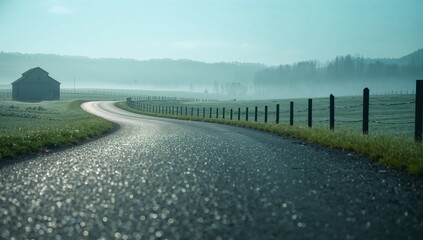Misty countryside road with distant house and soft morning fog