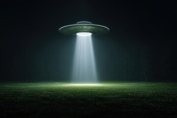UFO Landing. Three-dimensional Illustration of a Flying Saucer Emitting Light on a Grassy Landing Point