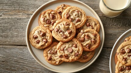 Delicious chocolate chip cookies on a plate with milk.
